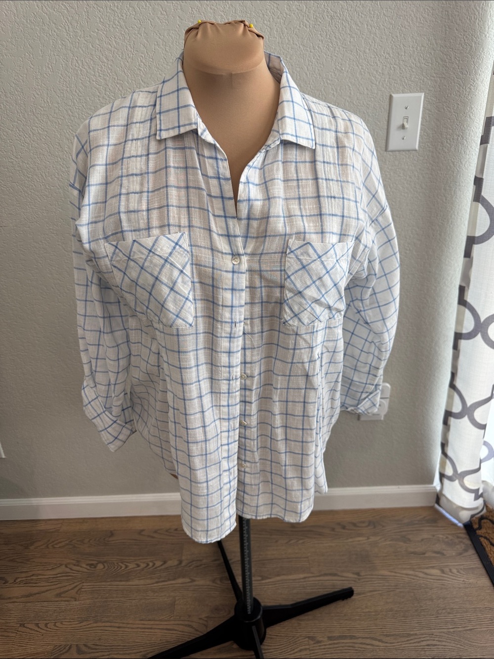 Soft Joie White Button-Down Shirt with Light Blue Windowpane Check